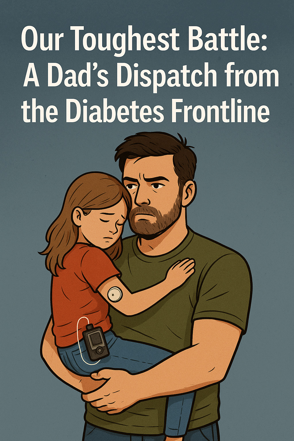 an illustrated image of a dad carrying a girl with blood glucose monitor and insulin pump attached to her arm